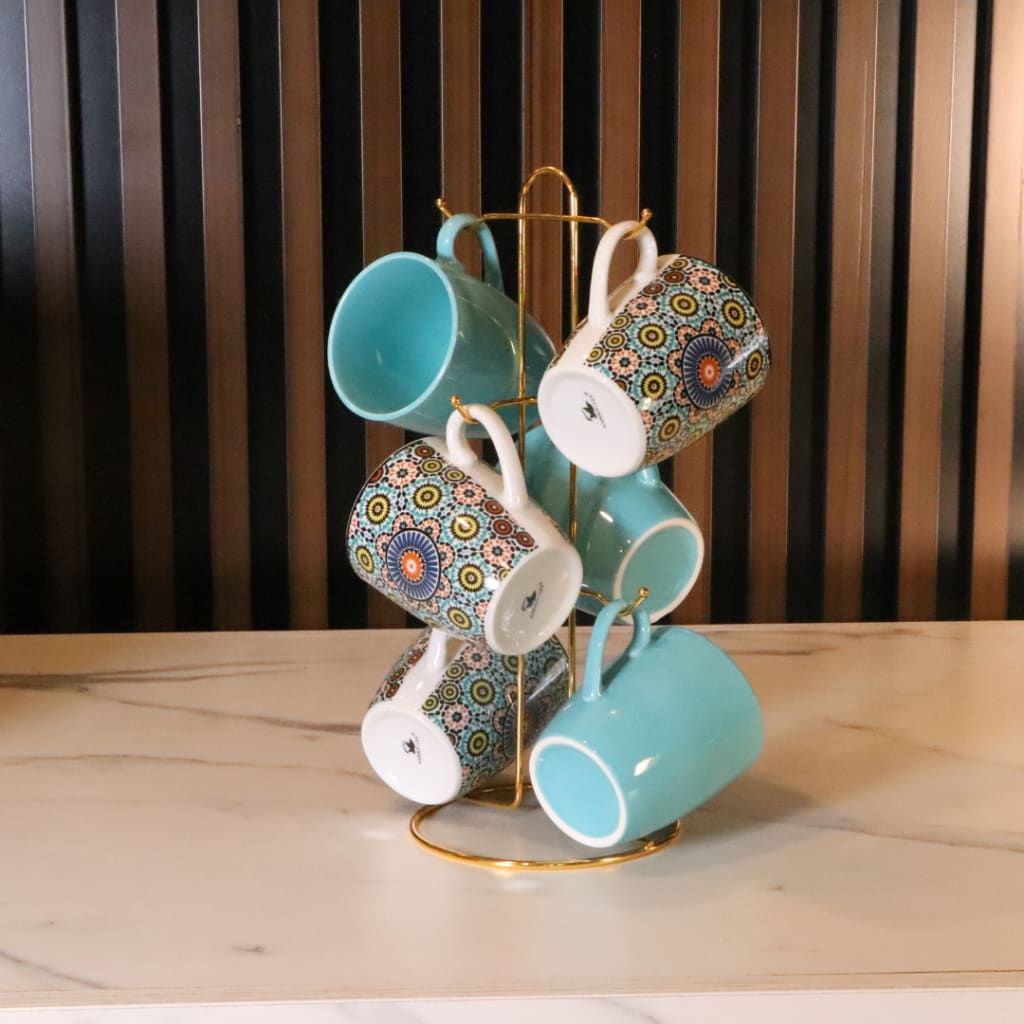 Blue & Flower Mug with Stand Set 12 Pcs