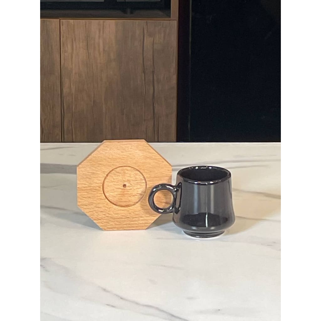 Ceramic Egg Coffee Cups 12 Pcs Set - Black + Wood Coasters