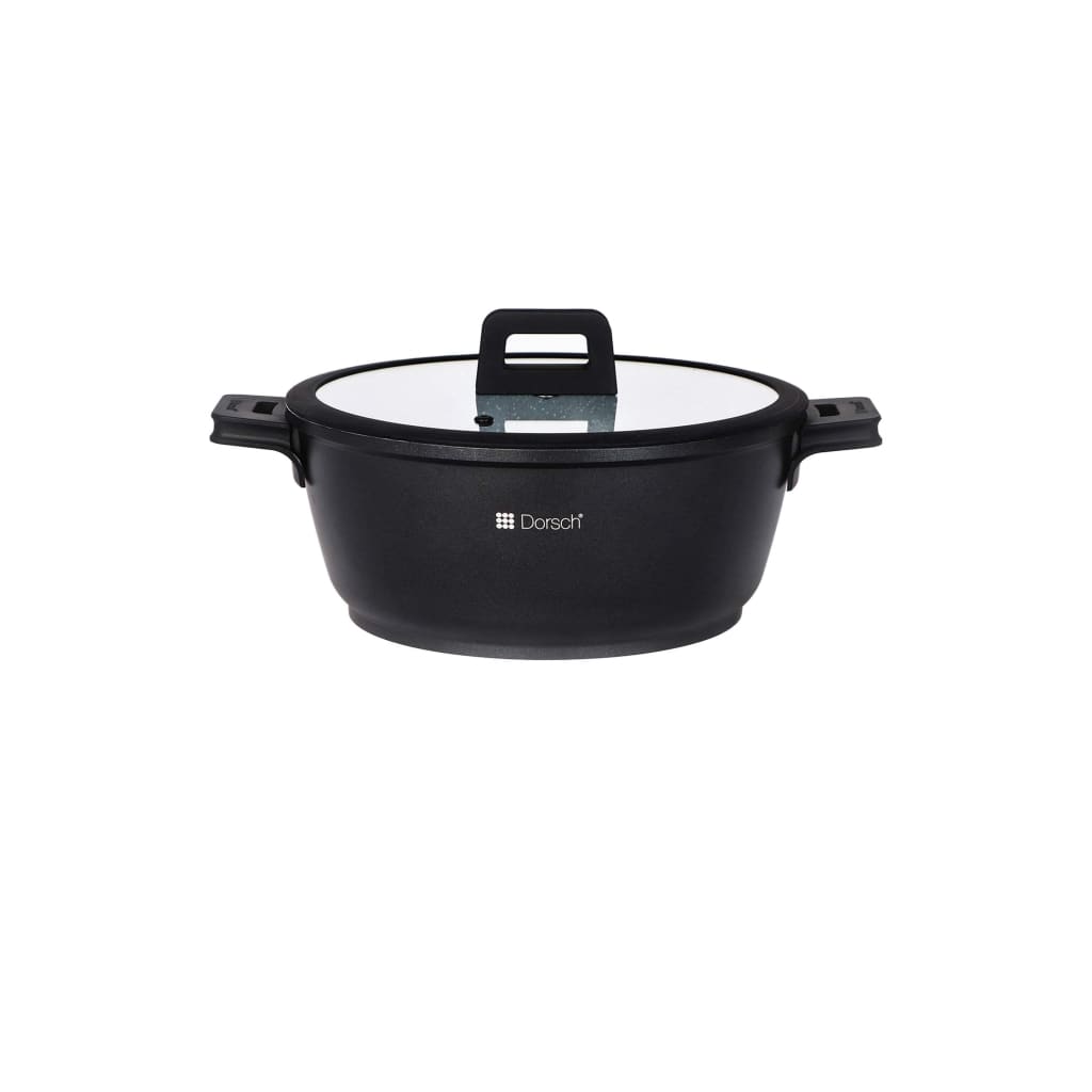 "28 cm Dorsch Lifetime Casserole with 6.2-liter capacity, die-cast aluminum construction, and stainless steel lid. Compatible with induction, gas, electric, and glass-ceramic stoves."