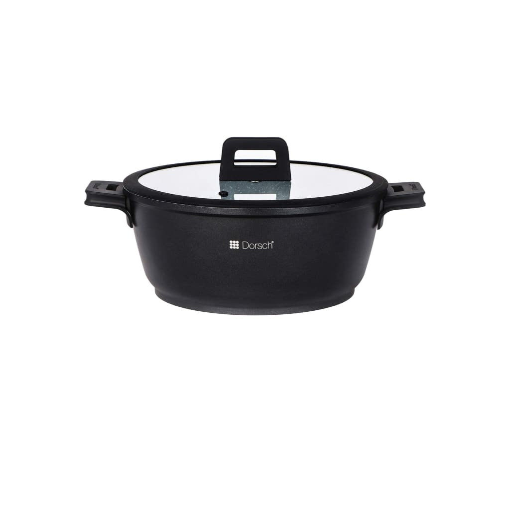 "30 cm Dorsch Lifetime Casserole with 7.5-liter capacity, die-cast aluminum body, and stainless steel lid. Compatible with induction, gas, electric, and glass-ceramic stoves."