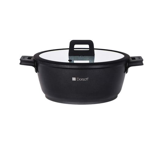 "32 cm Dorsch Lifetime Casserole with 9.2-liter capacity, die-cast aluminum body, and stainless steel lid. Compatible with induction, gas, electric, and glass-ceramic stoves."