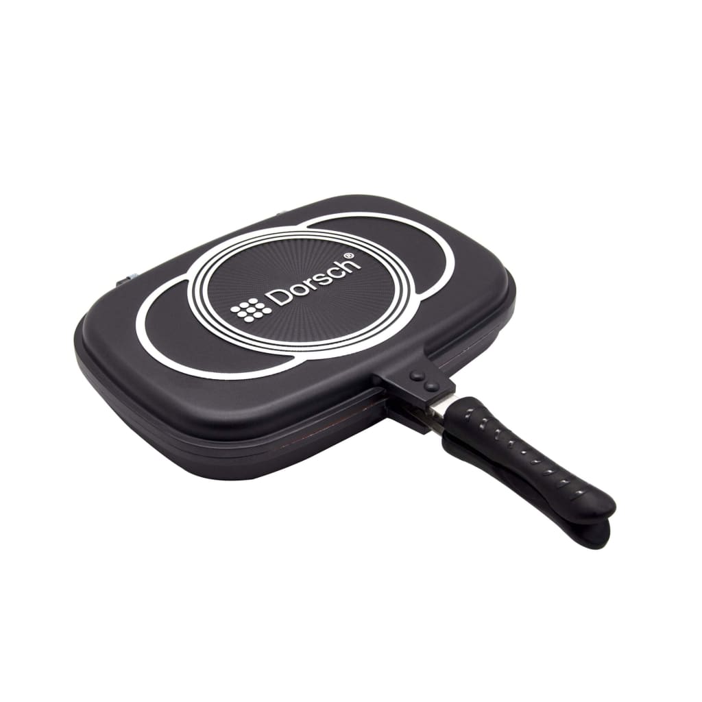 "36 cm Dorsch Lifetime Double Grill Pan, die-cast aluminum, black, suitable for glass-ceramic, gas, and electric stoves."