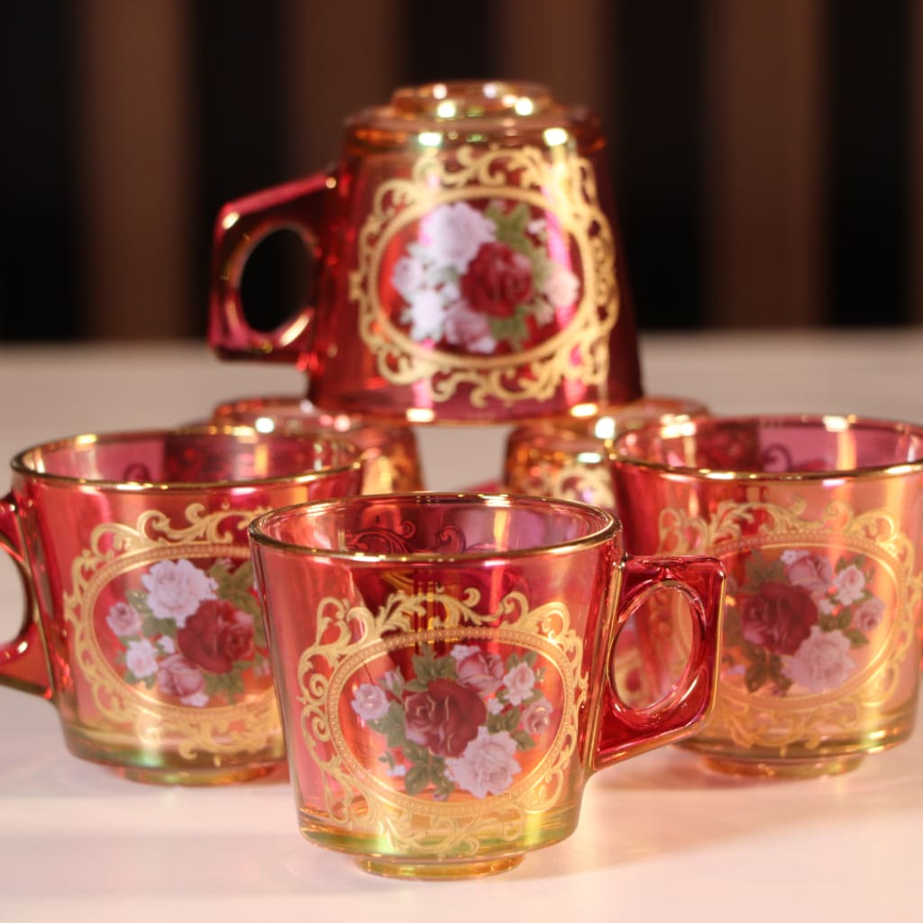 Luxury Red & Gold Plated 12 Pcs Coffee Cups With Handle