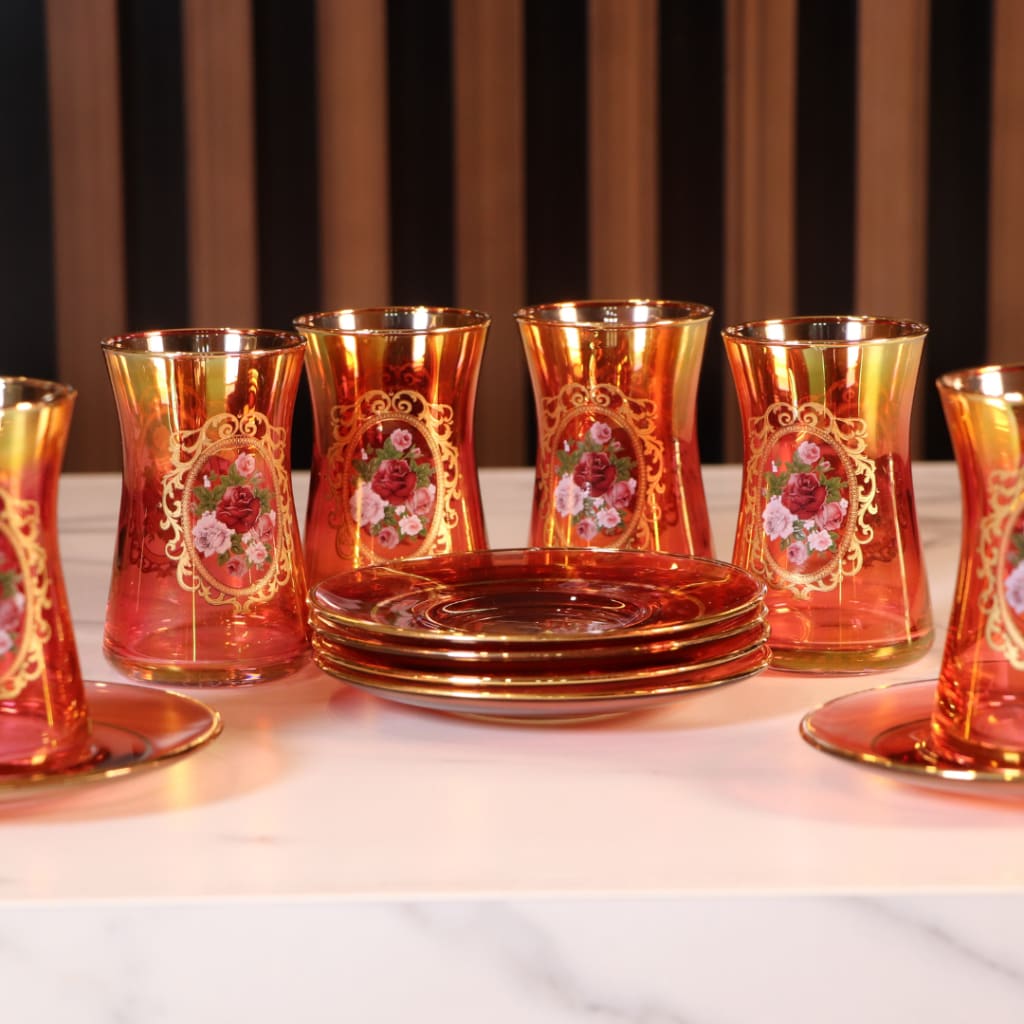 Luxury Red & Gold Plated 12 Pcs Tea Cups [Crystal]