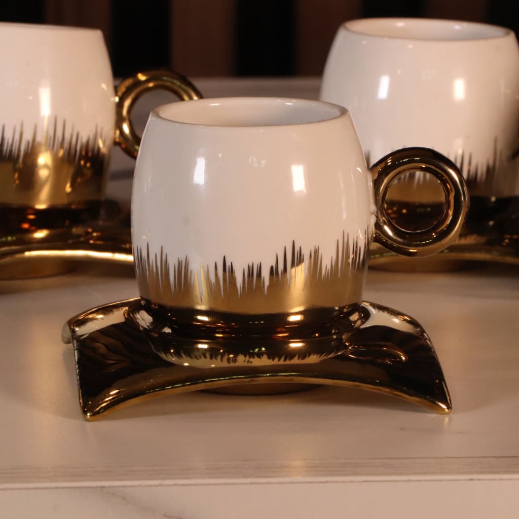 White & Gold Curved Arabic Coffee Set - 12 Pcs