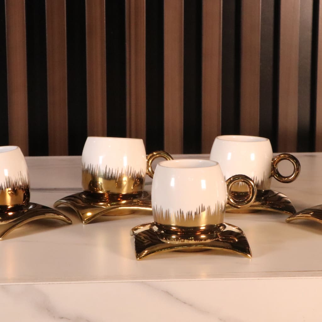 White & Gold Curved Arabic Coffee Set - 12 Pcs